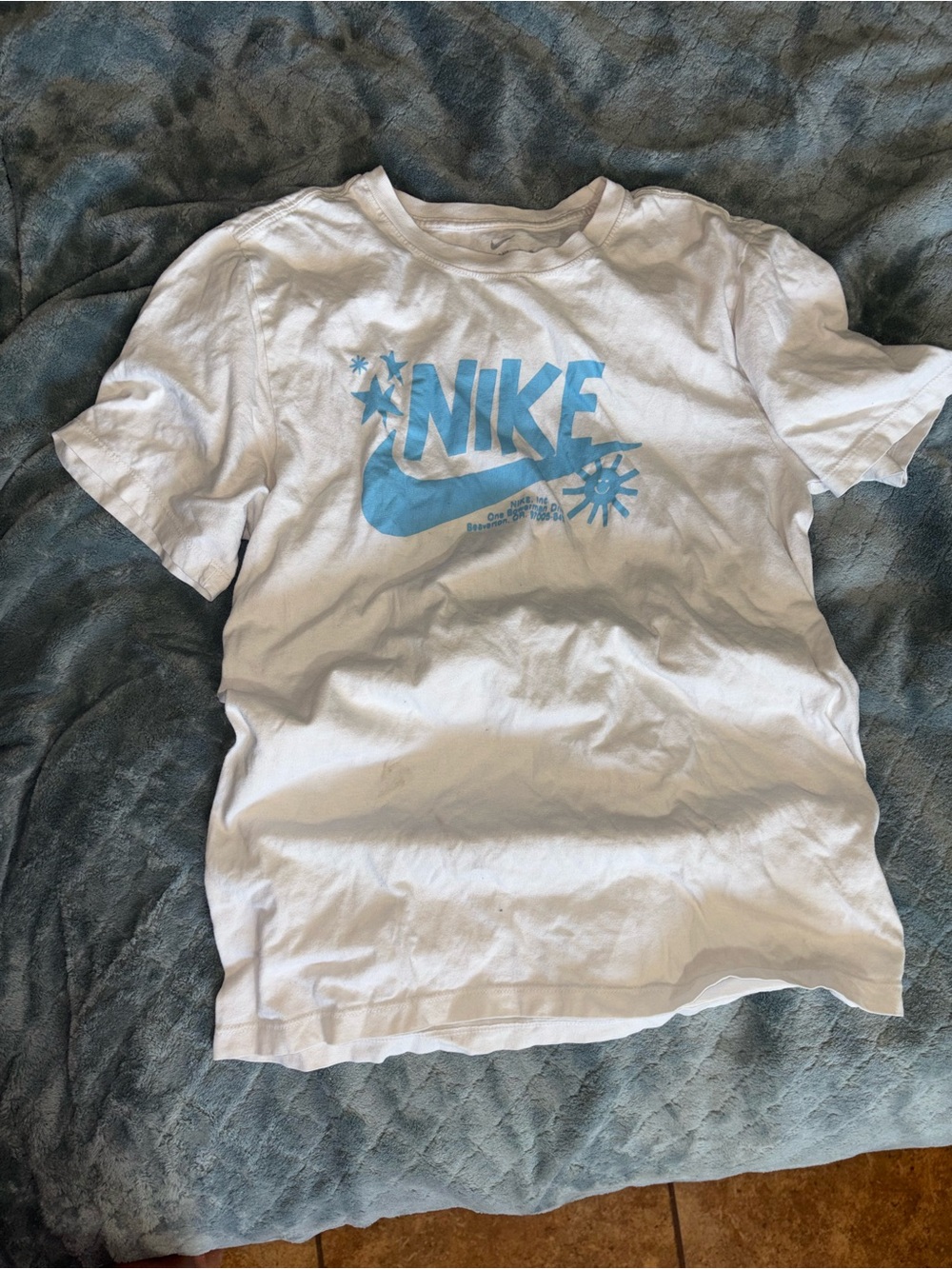 Nike White Short Sleeve Tee with Sky Blue Swoosh